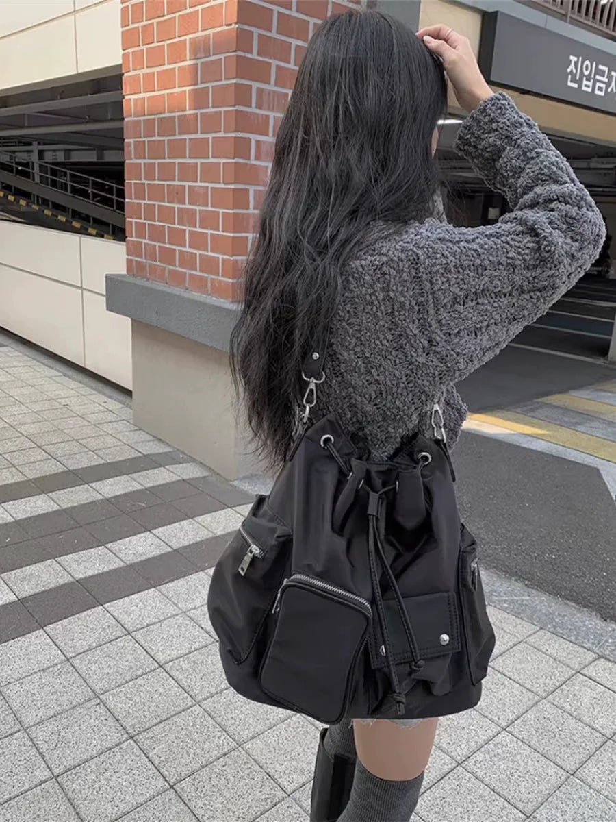 Hnewly  Korean Drawstring Black Tote Bag Women Multifunctional Large Capacity Y2k Mochilas Mujer Ladies Commuter Hot Girl Shoulder Bags