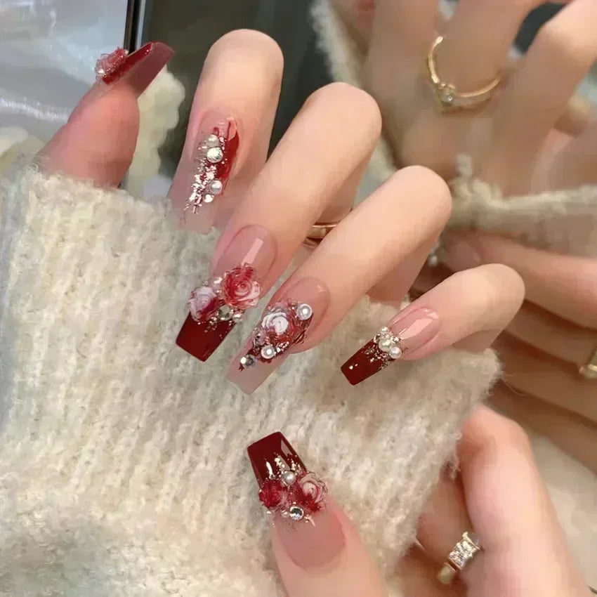 Hnewly 24Pcs False Nails French Gradient Ballet Fake Nails Press on Nails Black Heart Rhinestone Design Glitter Full Cover Nail Tips