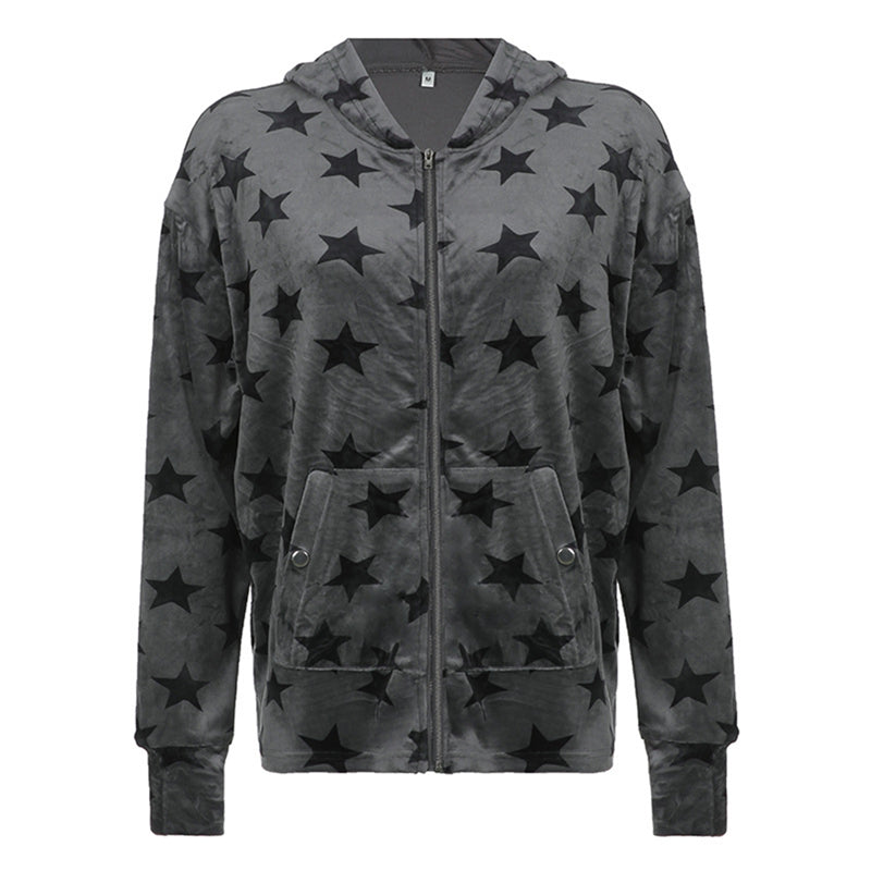 Hnewly Gothic Sweatshirt Women Punk Style Star Pattern Zip Up Long Sleeve Hooded Tops with Pockets y2k Dark Academia Clothes
