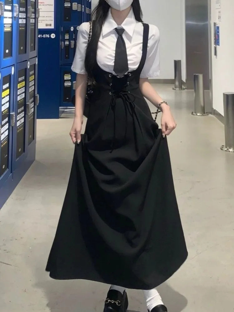 Hnewly cute professional outfits Simple Lapel Neck Long Sleeve White Shirts Women+ Sexy Slim Waist Lace Up Strap Dress Early Autum New Two Piece Sets