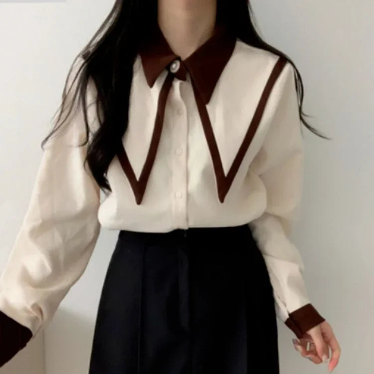 Hnewly Elegant Vintage Edge Piping Peaked Collar Shirts Women Spring Loose Puff Sleeve Blouses Simple Single Breasted Tops