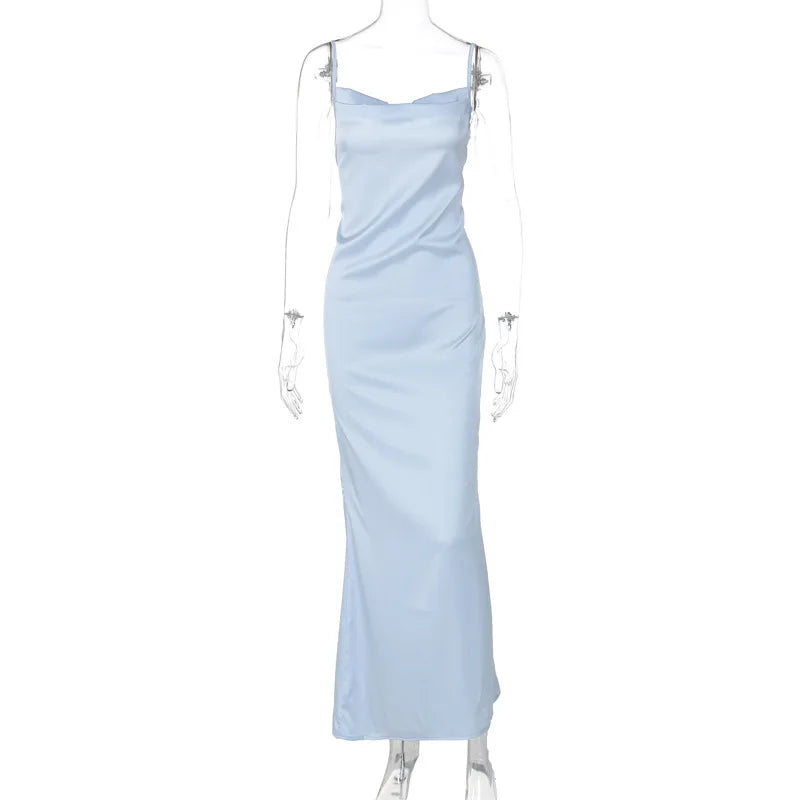 Hnewly wedding guest outfit Cross Bandage Long Satin Dress Women Spaghetti Strap Backless Maxi Dress Summer Elegant Party Dresses