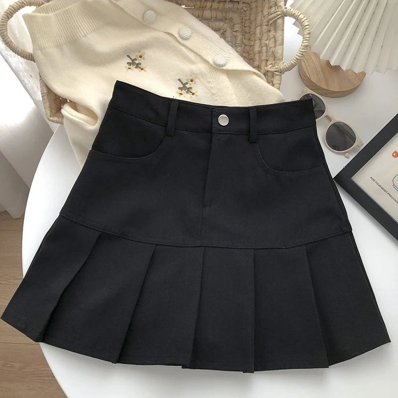 Hnewly Women Sweet Mini Skirt Korean Preppy Style High Waist Folds Female A Line Skirt Y2K Summer Patchwork Pockets New Ladies Skirt