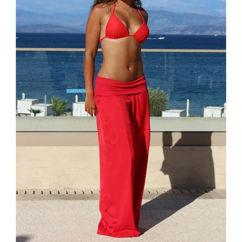 Hnewly  Womens Wide Leg Long Pants Elastic High Rise Fold Over Waist Trousers Loose Fit Casual Palazzo Pants Street Beachwear