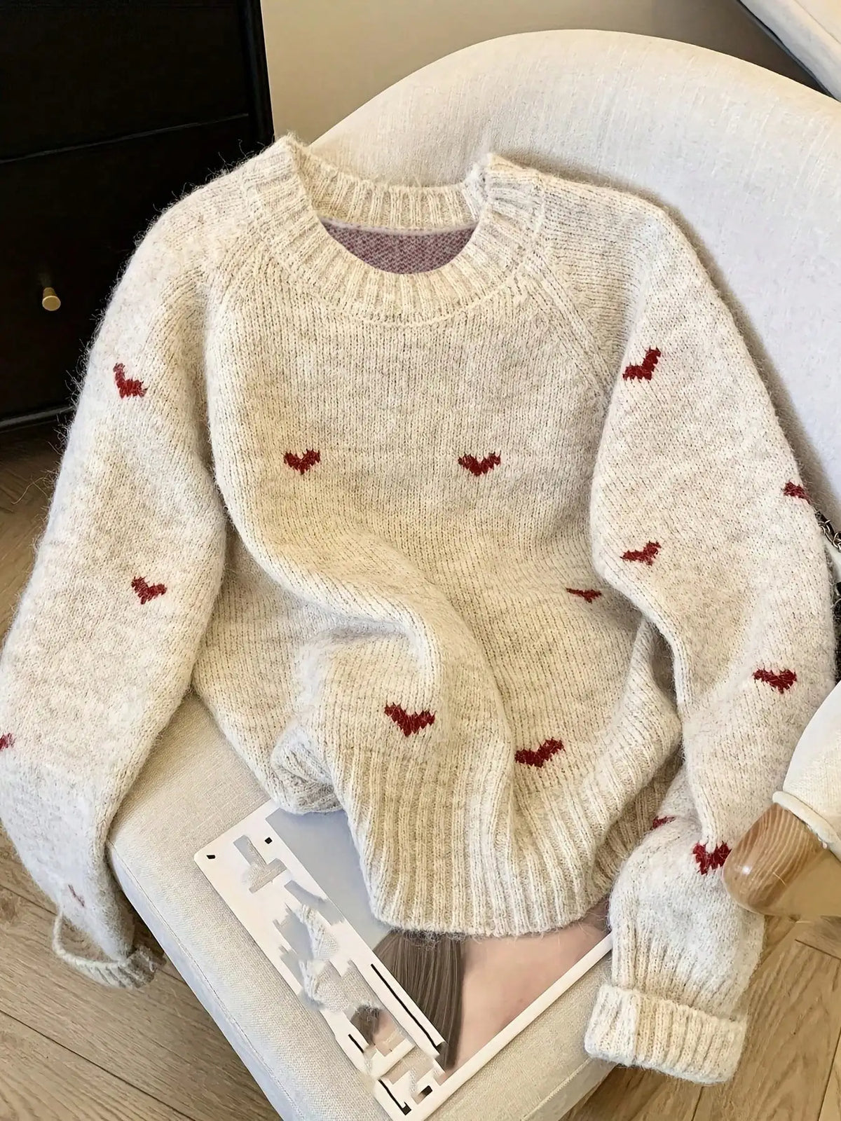 Hnewly  New Plus Size Fall Winter Comfortable Heart Pattern Sweater Long Sleeve Pullover Round Neck Top Korean Popular Women's Clothes