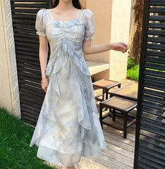 Hnewly  French Ruffle Printed Long Dress Square Collar Off Shoulder Fairy Dress Slim Summer Short Sleeve Women Casual Vacation Dress