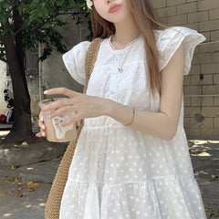 Hnewly  Sweet White Embroidery Loose Dress for Women Summer  Flying Sleeve Short Dress Woman Fashion Y2K V-Neck A-Line Dress Female