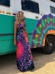Hnewly  Women Summer Casual Long Dress Tie-Dye Print U-Neck Sleeveless Dress  Fashion Cross Backless Dresses Bohemian Holiday Beach