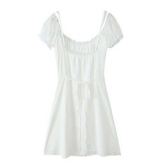 Hnewly  Sweet White Ruched Chest Spliced Lace Short Sleeve Mini Dress Women Bow Sashes Back Sling Strap Mini Dresses Party Robe