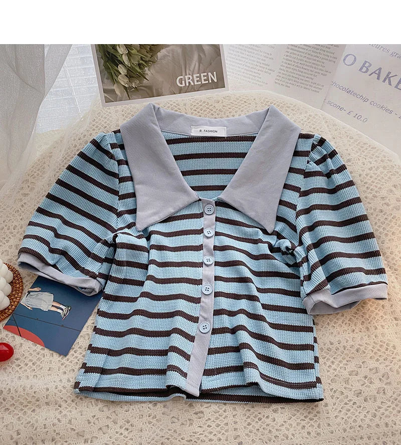 Hnewly Korean Contrast Stripe T-shirt Cardigan 2025 New Summer Women's Commuting Fashion Buttons Lapel Shirt Slim Versatile Top Trend