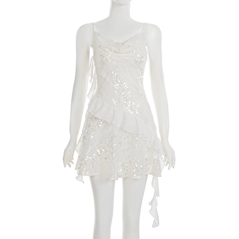 Hnewly  Elegant Sequin Patchwork Swinging Collar Dress Party Asymmetrical Hemline Pleated Dress For Women Sexy Spaghetti-strap