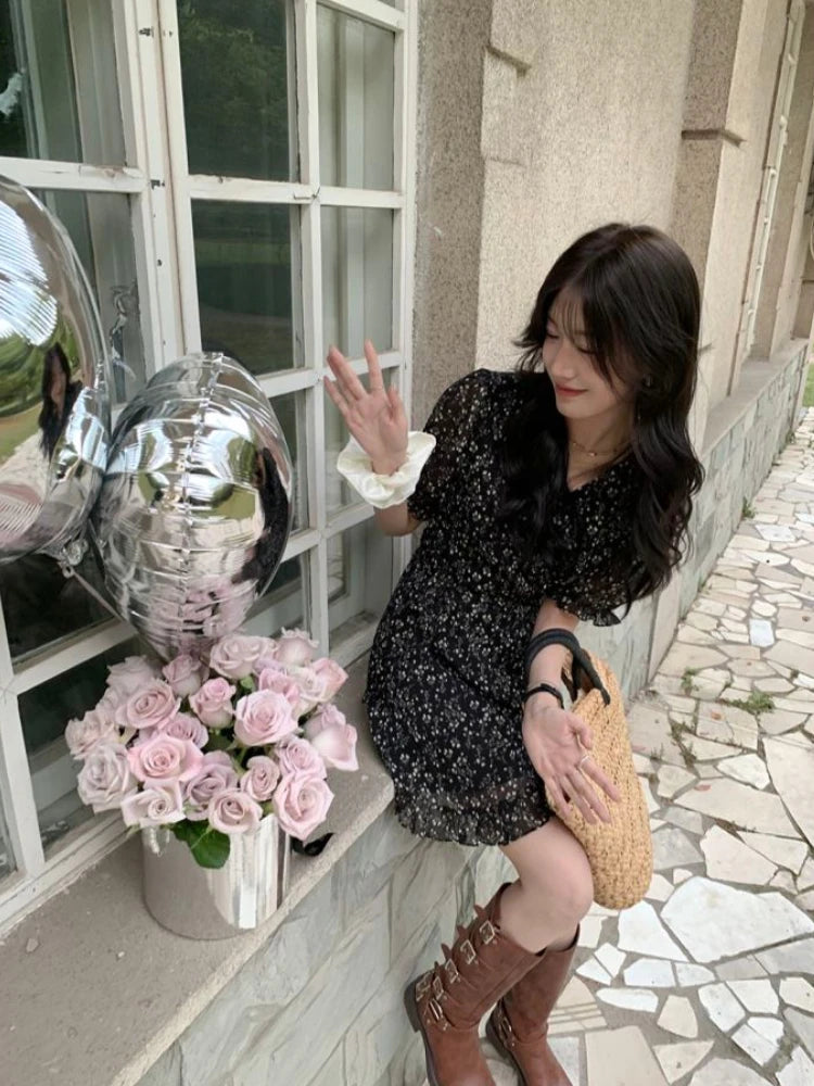 Hnewly Vintage V-Neck Printing Butterfly Sleeve Mini Dresses for Women Party Elegant Streetwear Slim Bodycon Dress Korea Summer