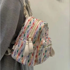 Hnewly  Rainbow Knit Backpack Women Harajuku Color Block Small Capacity Student Backpack Ladies Fashion Unique Daily Mochilas Mujer