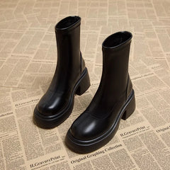Hnewly Black Platform Women Ankle Boots Fashion Soft Leather Shoes Autumn Winter Thick Heel Women's Short Booties