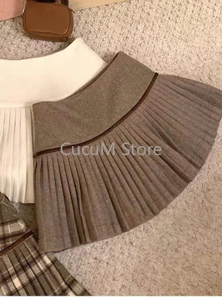 Hnewly Japanese Style Retro Spicy Girl Plaid Pleated Skirt Autumn Winter College Style Woolen Mini Skirt High Waiste Sweet Kawaii Skirt