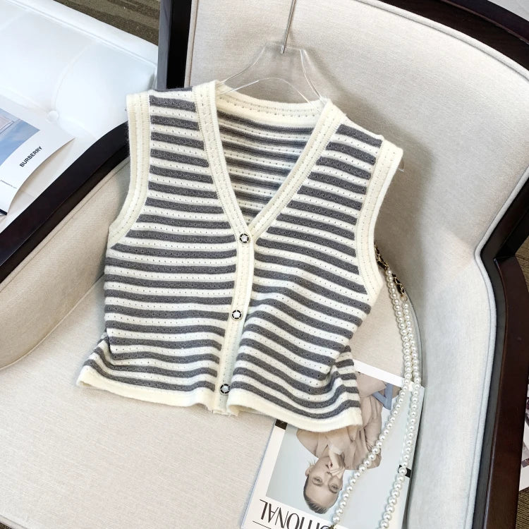 Hnewly  Spring V-Neck Striped Knitted Vest Korean Hollow Out Sleeveless Top Women's 2023 Autumn Loose All-Matched Outwear Cardigan Tank