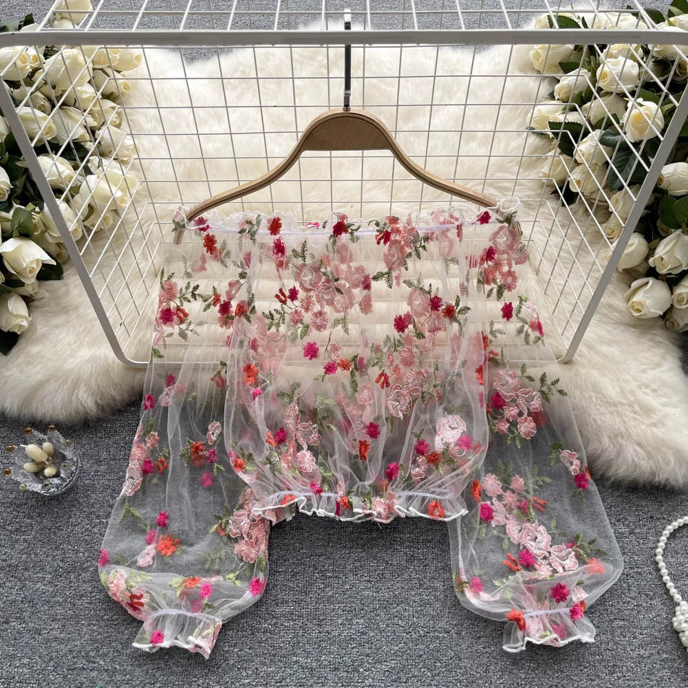 Hnewly  Women Summer Lace Shirt Elegant Off Shoulder Mesh Embroidered Perspective Shirt Loose Puff Long Sleeves Crop All-Matched Top
