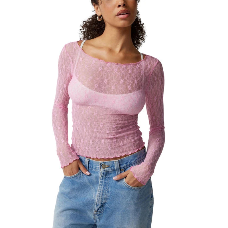 Hnewly Lace Tops for Women y2k Clothes Sheer See Through Round Neck Long Sleeve Ruched T Shirt 2000s Clothing Party Clubwear