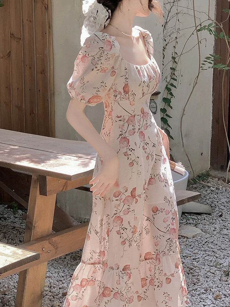 Hnewly DRESS TO IMPRESS French Elegant Vintage Dress Women Summer Short Sleeve Beach Style Floral Midi Dress Chic One Piece Dress Korea Women Party