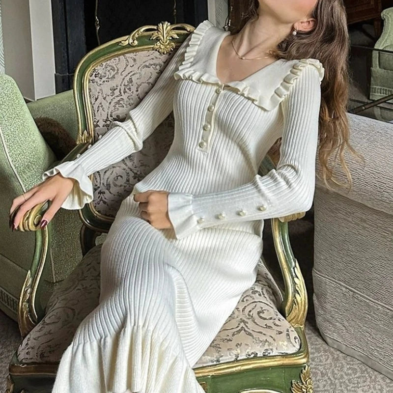 Hnewly  Elegant Knitted Long Skirt Women Black Vintage Long Sleeve Party Dresses Sweet Ruffle Patchwork Sweater Maxi Dress Slim