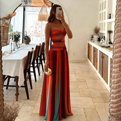 Hnewly  Summer Sexy Elegant Women Backless Long Dress Casual Gradient Color Vacation Wear European Women's Fashion Strapless Robe