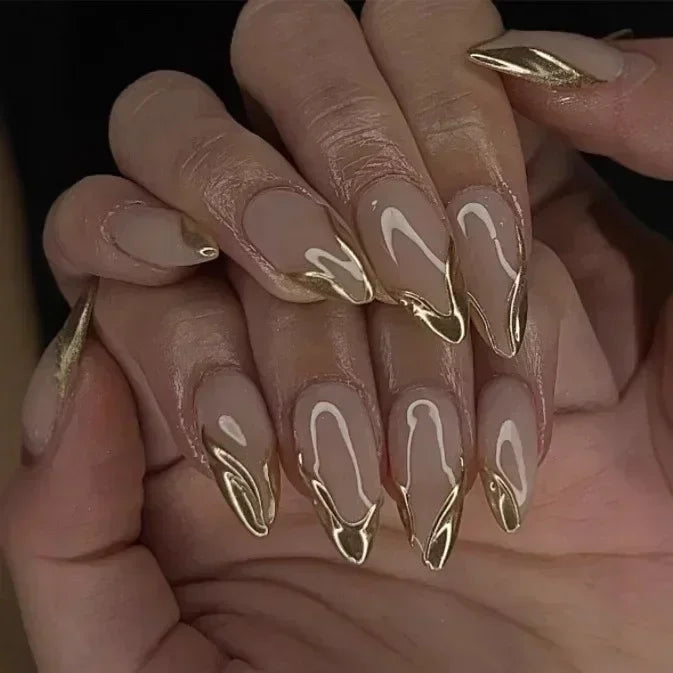Hnewly 24Pcs French Gold Edge Wearable Almond Press on Fake Nails Simple Pearl Decoration False Nails with Glue Full Over Manicure Tips