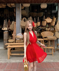 Hnewly  Woman Dresses Sleeveless V Neck Bandage Halter Backless Vintage Sexy Mini Dress Sweet Elegant Female Party Fashion