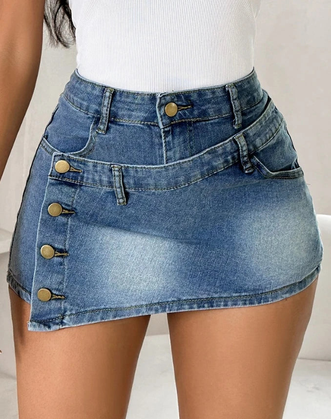 Hnewly  Women's High - Waisted Denim Sexy Mini Skirt Asymmetrical with Button Detail Pocket Design Casual Skirt for Daily and Summer