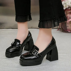 Hnewly Heels Lolita Shoes Chunky Platform Shoes Loafers Heel Patent Leather Slip On Casual Shoes Women Lady Office Shoes Black Heels