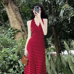 Hnewly  Red Polka Dot Neck Sling Dress for Women's Summer Travel, Beautiful Seaside Vacation, Beach Long Skirt for Women