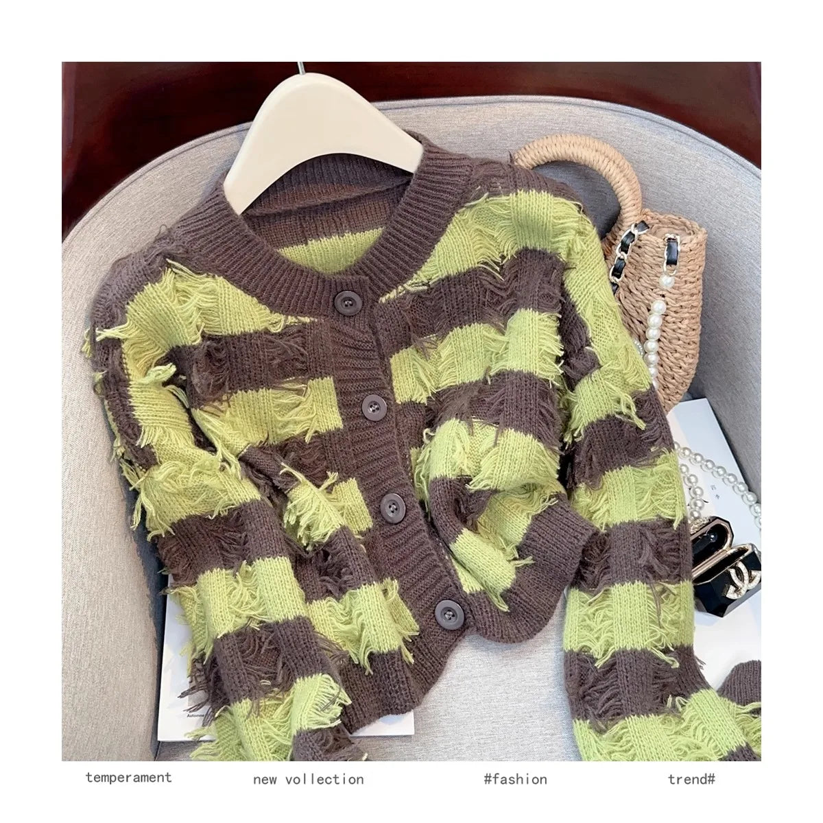 Hnewly Striped Fashion Tassel Sweater Women's Autumn Single Breasted  O-Neck New Short Knitted Cardigan Long Sleeve Top