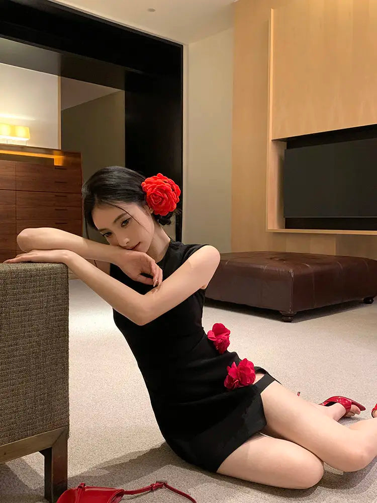 Hnewly  Woman Dress Sexy Sleeveless Flowers Slim Split Vintage Elegant Hollow Out Mini Dresses Party Female Fashion Club