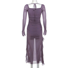 Hnewly  Maternity Photography Sheer Mesh Ruched Dress Pregnancy Photoshoot Outfit Square Neck Long Sleeve Maxi Gown for Pregnant Women