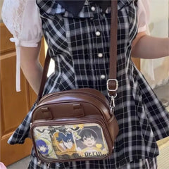Hnewly  Cute Anime Transparent Pin Display Ita Bag Women PU Leather Small Capacity Bowling Handbag Ladies Coffee Versatile Crossbody Bag