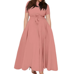 Hnewly  Summer Classic Solid Color Large Size Round Neck Short Sleeve Pocket Straps Swing Dress Fashion High Waist A-line Skirt