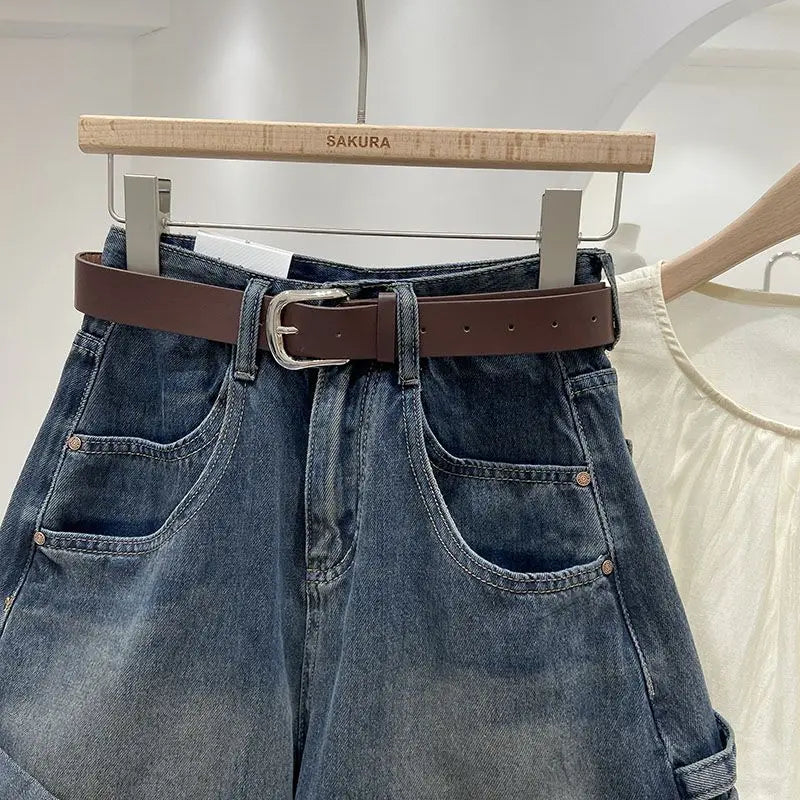 Hnewly  New Retro Rolled Denim Shorts 2025 Women's High Waisted Loose Straight Leg A-line Wide Leg Pants Chic Pocket Hot Jean Pants