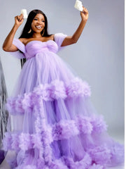 Hnewly  Latest Lilac Tulle Maternity Dresses with Ruffles Off Shoulder Pregnant Woman Photoshoot Robes Cusomized Ball Gown Party Dress