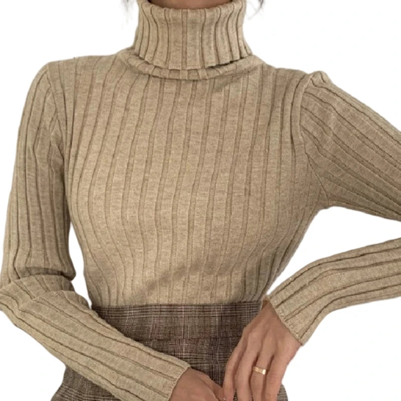 Hnewly Ribbed Sweater Women Clothes Solid Color Turtleneck Lettuce Trim Long Sleeve Pullover Winter Fall Clothing Streetwear