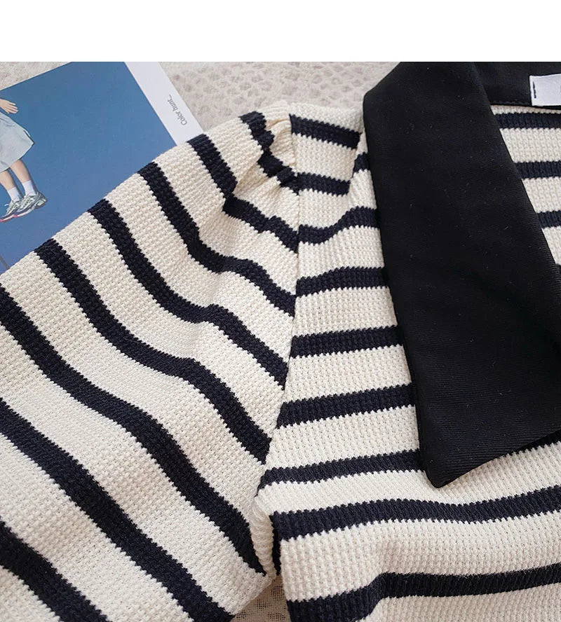 Hnewly Korean Contrast Stripe T-shirt Cardigan 2025 New Summer Women's Commuting Fashion Buttons Lapel Shirt Slim Versatile Top Trend