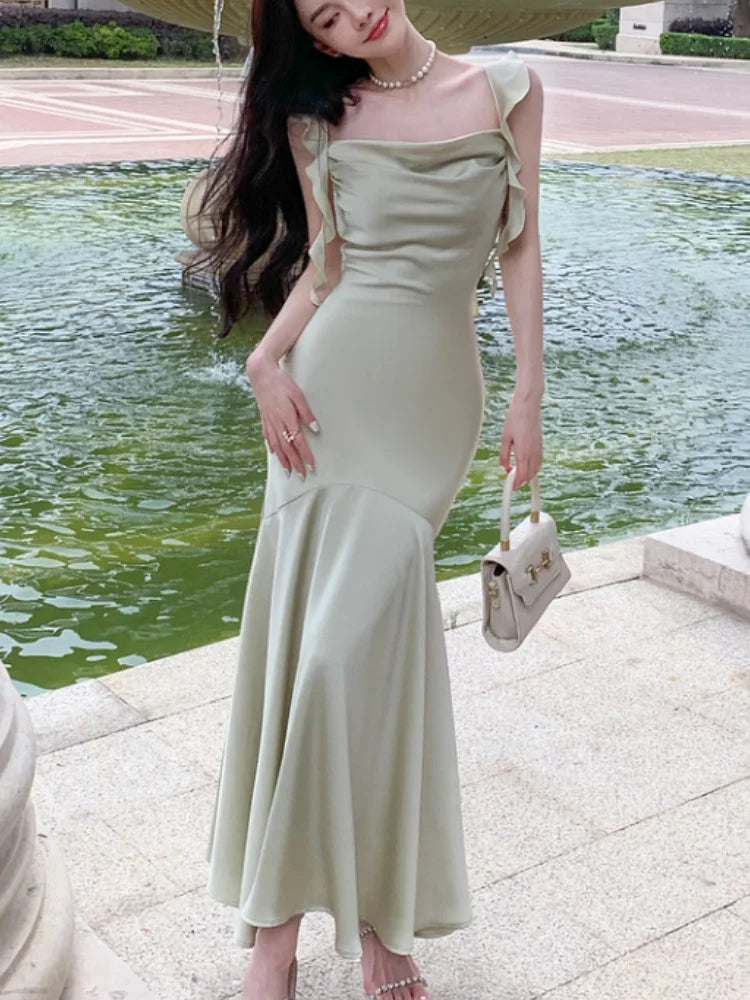 Hnewly Women Elegant Solid Bodycon Mermaid Dresses Summer New Fashion Strap Ruffles beach Vestido Women Wedding Party Clothing
