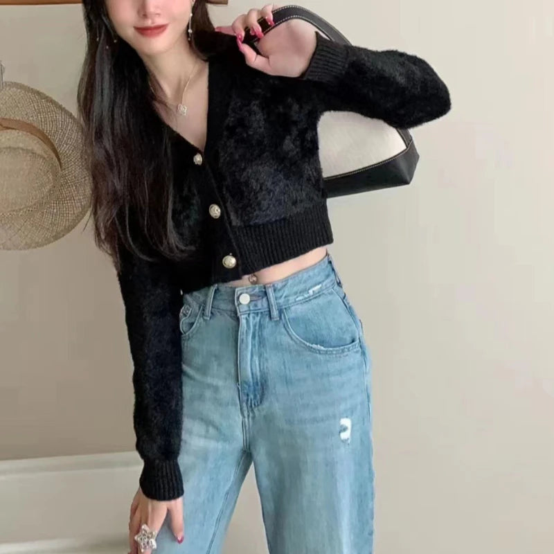 Hnewly  Fuzzy Knit Sweater Cardigan Women  Long Sleeve V-Neck Button Front Short Shrug Cardigan Teen-girl Fall Winter Y2K Outfit