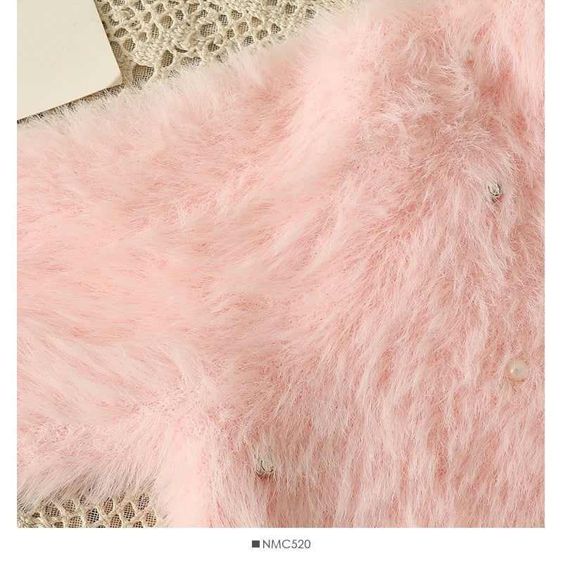 Hnewly  Heart Button Plush Soft Sweater Coat Autumn/Winter New Women's Fashion Shiny Diamond V-Neck Short Knitted Cardigan Top