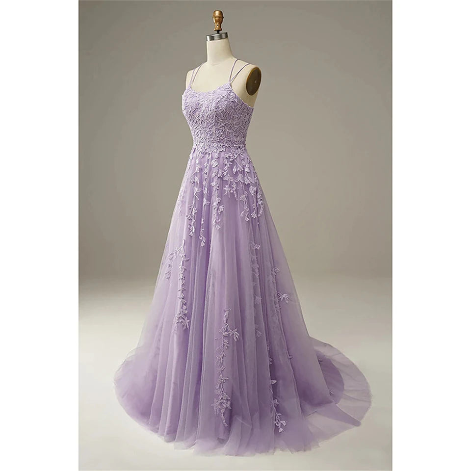 Hnewly  Spaghetti Strap Appliques Boat Neck A-line Formal Evening Dresses for Women Party Dress Court Train Prom Dress