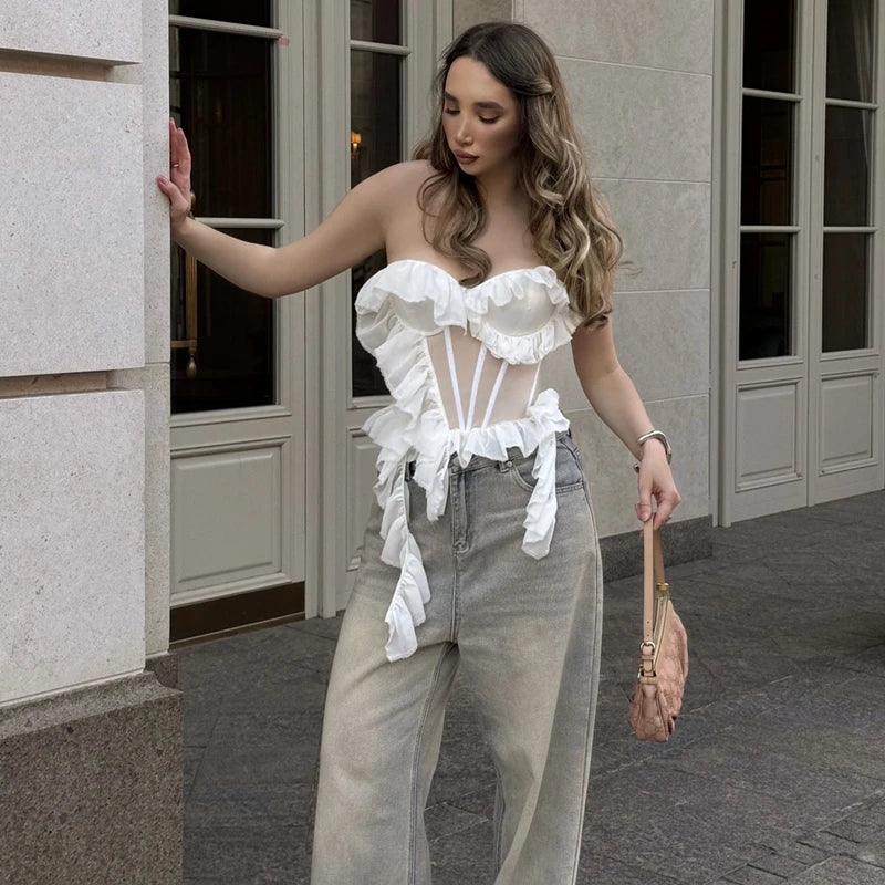 Hnewly Sexy Y2K Mesh perspective Top Lace Design Sleeveless Slim Tube Tops  Fashion Party Evening Club Vest Women's Clothing