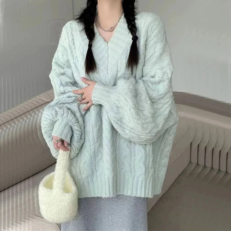 Hnewly Autumn Winter Women Sweater Harajuku Oversized Knitted Pullovers Korean Long Sleeve V Neck Knitwear Preppy Solid Loose Jumper