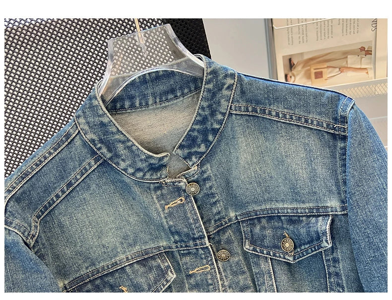 Hnewly  Fashion Denim Jacket Loose Casual Retro Jeans Short Coat Women's Spring Autumn Elegant Korean Standing Collar Long Sleeve Top