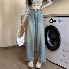 Hnewly  Vintage High Waist Straight Jeans Women Autumn Pockets Wide Leg Pants Woman Korean Streetwear Slimming Denim Trousers Mujer