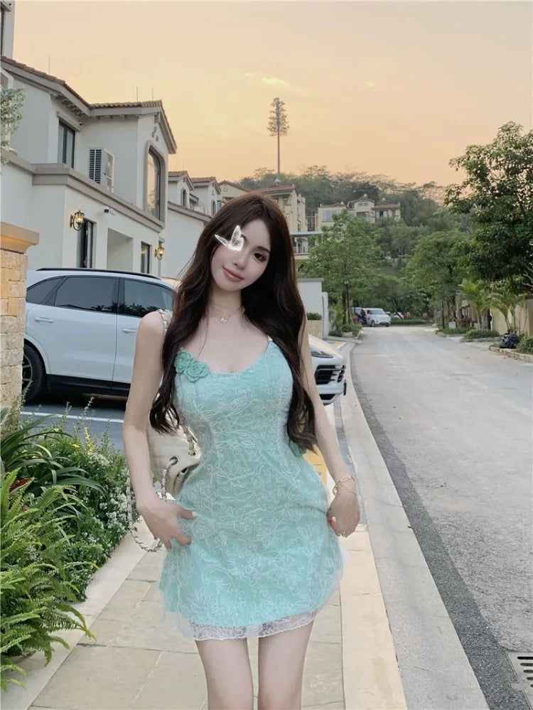 Hnewly  Mini Dresses Women Flowers Lace Patchwork Slim Slash Neck Backless Party Dress Female Sexy Elegant Holiday Casual