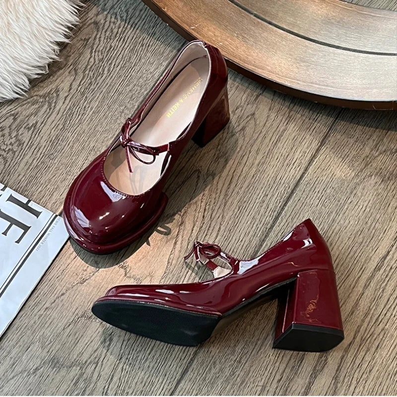 Hnewly New Fashion Bowknot Shallow Soft Sole Dress Shoes for Women High Heeled Mary Jane Single Shoes Ladies Thick Heel Ballet Shoes