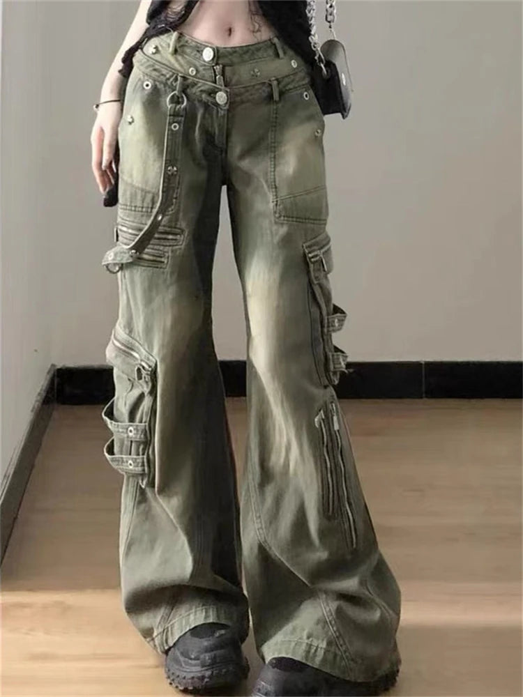 Hnewly Women's Multi Zipper Design Neutral Style Jeans American Vintage Casual Denim Trousers Female High Waist Straight Pants